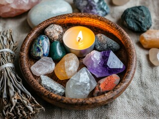 high-quality photograph, still life of crystal healing stones, burning candle, and dried sage, arranged on a natural linen surface. Generative AI
