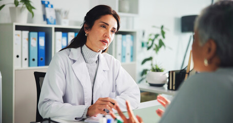 Doctor, woman and listening to patient for checkup, medical symptoms and treatment plan. Healthcare, appointment and conversation in clinic for consultation, results or feedback for diagnosis update