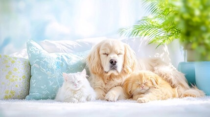 Cute Golden Retriever and Cats Sleeping Together in Relaxing Setting