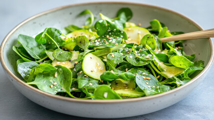 Obraz premium Fresh salad with greens, cucumbers, and sesame seeds, served in bowl