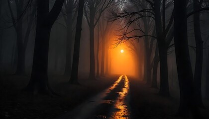 Mystical Forest Path at Sunset Sunbeams Illuminate Foggy Trees Road