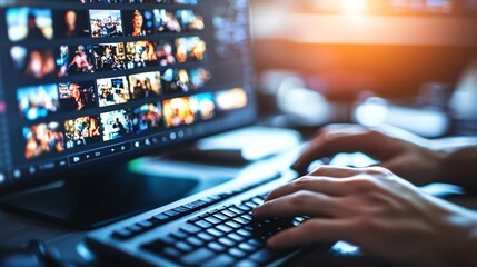 Close-up View of Hands Typing on Keyboard with Photos on Screen