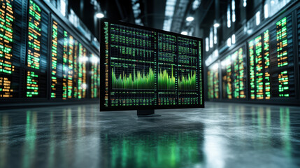 High tech data analysis setup with monitor displaying financial graphs and data trends