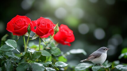 Red roses, bird, garden, bokeh, spring, nature, greeting card