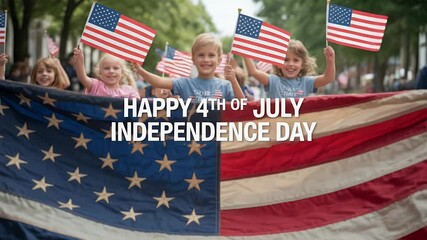 Kids celebrate with american flags in patriotic parade