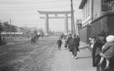 Vintage photo of Jingu-dori Street and the large torii gate of Heian Shrine in Kyoto, Japan -...