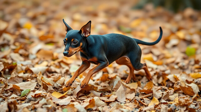 Miniature Pinscher Prager Rattler Prague Ratier were bred in Czechoslovakia for the rat's hunt and are enormously quick and agile. Running in leafs