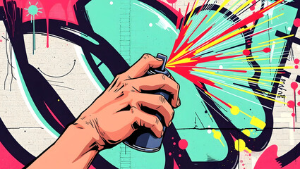 Creative Strokes: A hand, wielding a spray paint can, brings a graffiti mural to life, showcasing street art's raw energy and vibrant hues. Capturing the dynamic essence of urban expression.