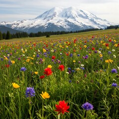 Colorful wildflowers blooming in a vibrant meadow with a majestic snow capped mountain backdrop © Backbencher_2B