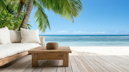 Fototapeta premium Serene beachside deck features wooden table and comfortable cushions, inviting relaxation