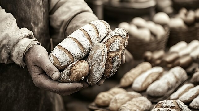 Handcrafted bread selection, artisan baker offering fresh loaves at the bakery - Powered by Adobe