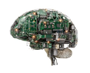 A human brain made of circuit boards and LED lights, symbolizing the integration of technology into mental health care, isolated on a transparent background