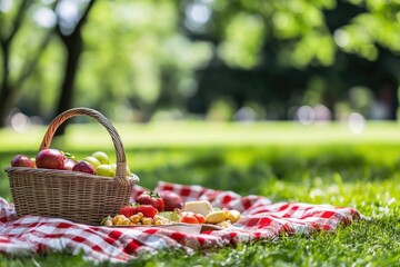 Picnic basket on a checkered blanket in a park.  Fresh fruits and cheeses laid out