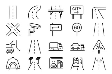 Road and Traffic Line Icons Set