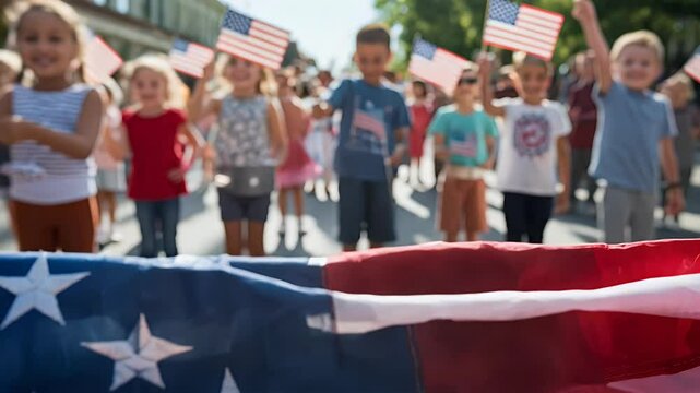Kids in patriotic parade running with flags festive celebration
