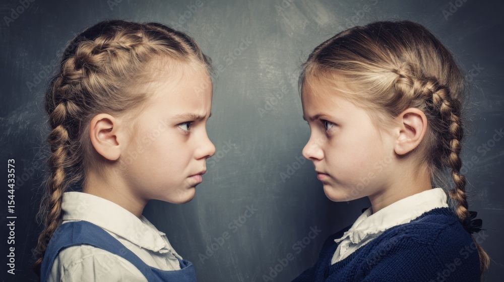 Poster comparison of conflict and bullying showcased through the expressions of two children facing each ot