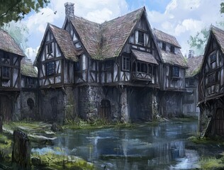 Fototapeta premium Medieval Waterfront Village Scene