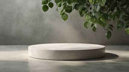 White marble podium mockup with green leaves, minimalist studio setting, product display