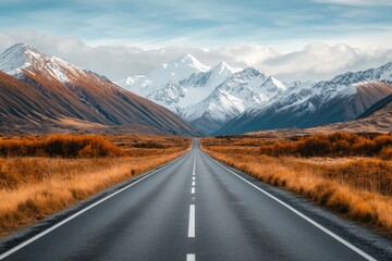 Scenic mountain road stretches into a snowy peak vista