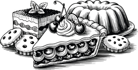 A monochrome drawing of assorted desserts including pie and cookies