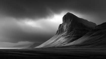 Dramatic black and white mountain landscape with stormy clouds and atmospheric light