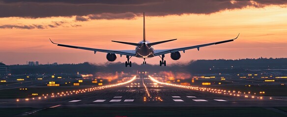 Airplane landing at sunset over airport