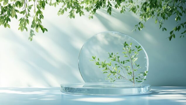 Light-drenched, minimalist display with translucent glass podiums and leafy branches