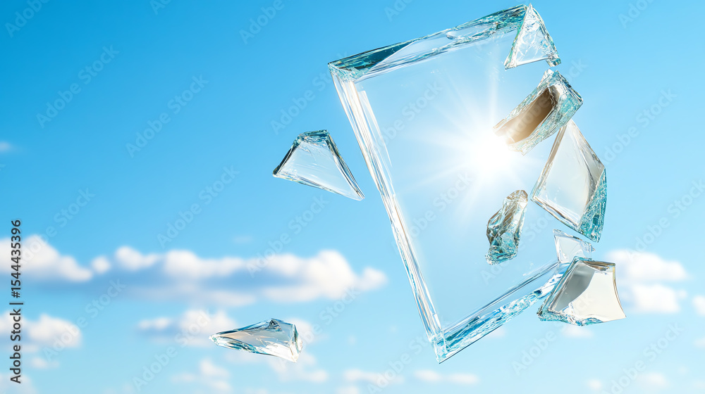 Poster a broken glass shard reflecting sunlight in a clear blue sky, symbolizing fragility and the interpla