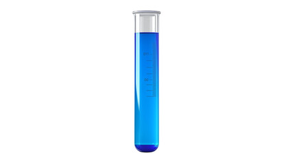 Glass test tube filled with vibrant blue liquid against a  transparent  background ideal for science and lab experiments.