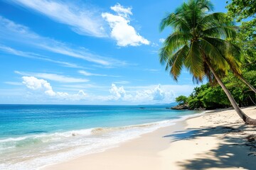 Tropical paradise beach scene.  Clear sky, turquoise water, palm trees
