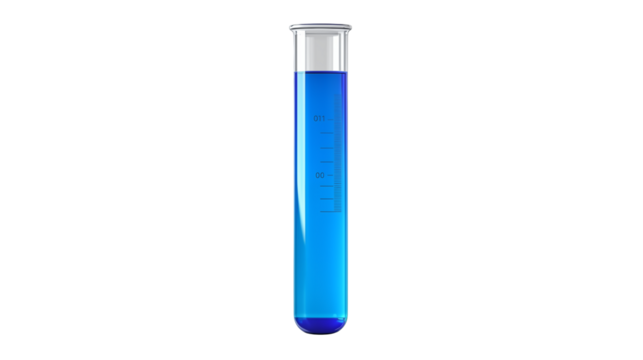 Glass test tube filled with vibrant blue liquid against a  transparent  background ideal for science and lab experiments.