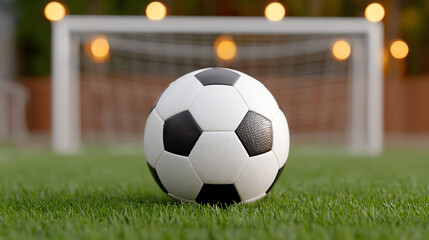 Fototapeta premium A close-up of a soccer ball on green grass, showcasing the sphere's classic black and white pattern against a blurred goal.