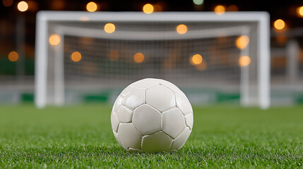 Fototapeta premium A close-up of a soccer ball resting on green grass, with a blurred goal post in the background, capturing the essence of the game.