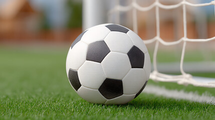 Fototapeta premium A close-up view of a classic soccer ball resting on the green turf near the goal post, perfect for sports-related projects.