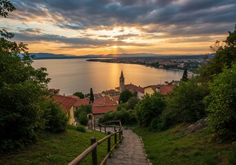 Golden Sunset over a Picturesque Coastal Town in Slovenia