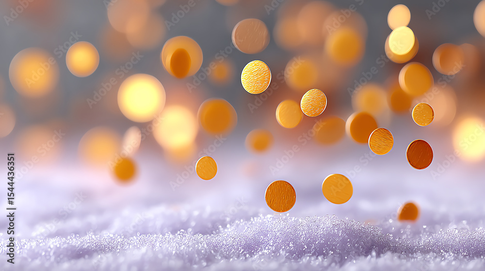 Poster a mesmerizing capture of golden bokeh lights dancing above a soft, white surface. perfect for adding