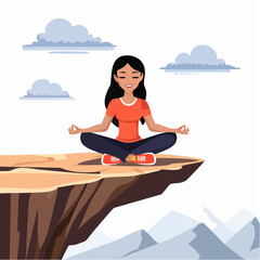 Woman meditating on mountain cliff above the clouds. Alone travel healthy lifestyle
