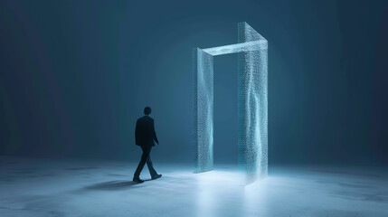 A person walks towards a futuristic, transparent door illuminated in a dark environment, symbolizing innovation and new beginnings.