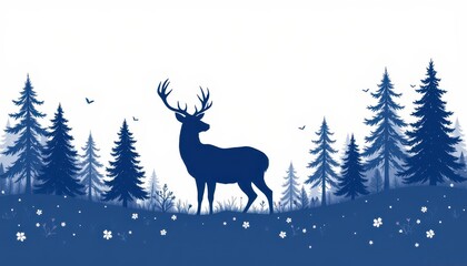 A white background with empty space reveals the shadow of a dark blue deer amidst a forest landscape.