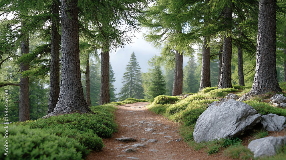 Aufkleber A serene forest path surrounded by lush trees and greenery, inviting exploration and connection with nature.