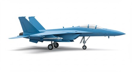 Fototapeta premium Sleek blue fighter jet model sharply detailed against white background. AI Generated
