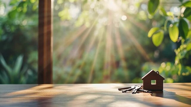 House keys sunlight green garden window wood table miniature model home ownership new beginning real estate