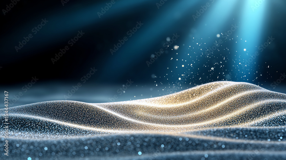 Poster A serene scene of sparkling sand dunes illuminated by gentle beams of light, creating an enchanting and tranquil atmosphere.