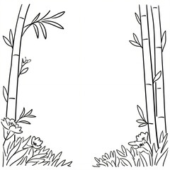 Naklejka premium A serene garden scene with bamboo, flowers, and a distant pagoda, captured with soft brushstrokes creating tranquility.