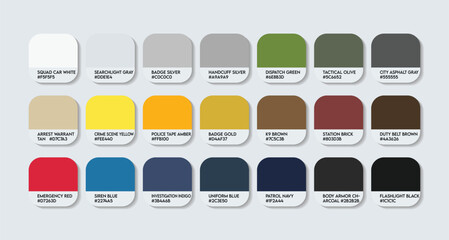 Police Officer Color Palette, Police Officer Color Guide Palette with Color Names. Catalog Samples of Police Officer with RGB HEX codes and Names. Police Colors Palette, Fashion Trend Color Palette