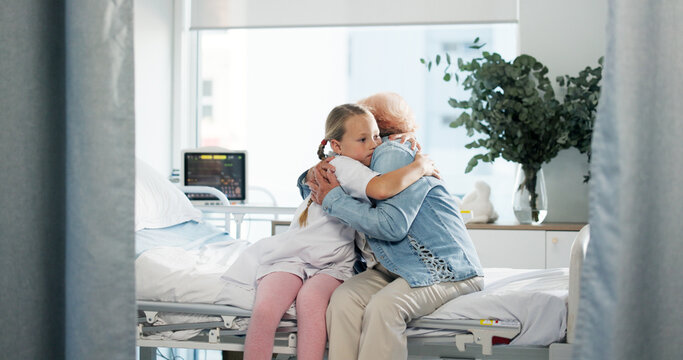 Hug, love and grandmother with child in hospital for support, pediatric patient and healthcare. Medical, empathy and icu recovery with senior person and kid in clinic bed for family comfort and trust