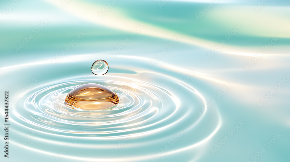 Poster a serene water droplet creating ripples on a calm surface, reflecting light. perfect for nature-them