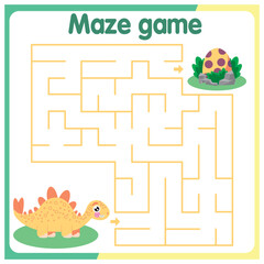 Simple dinosaur maze for kids with cute animals and ancient world landscape. Ancient land maze game, puzzle collection. Help Dino get to the child	
