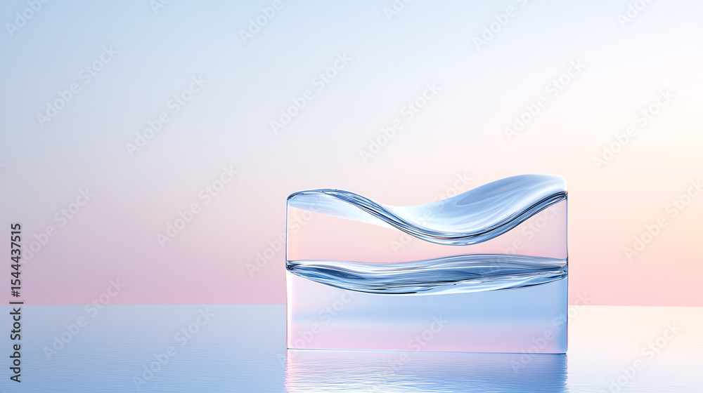 Poster A smooth, transparent glass object with elegant curves reflects softly colored light, creating a serene atmosphere.