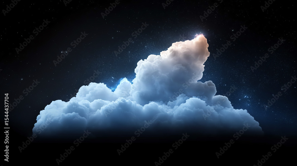 Poster a stunning cloud formation illuminated by a soft light, creating a dreamlike atmosphere against a da